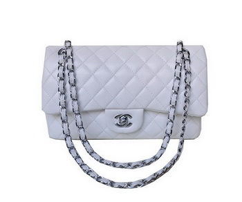 Chanel A01112 Classic Flap Bag White Sheepskin Silver Chanel A01112 Classic Flap Bag White Sheepskin Silver