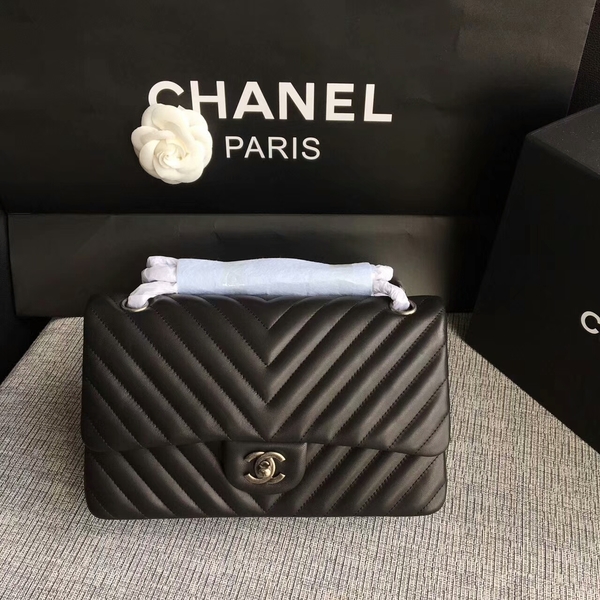 Chanel Flap Shoulder Bags Black Original Sheepskin CF1112 Silver Chanel Flap Shoulder Bags Black Original Sheepskin CF1112 Silver
