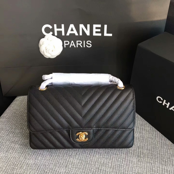 Chanel Flap Shoulder Bags Black Original Calfskin Leather CF1112 Gold Chanel Flap Shoulder Bags Black Original Calfskin Leather CF1112 Gold