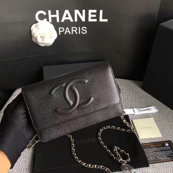 Chanel WOC Original Calfskin Leather Black Shoulder Bag 33814 Silver Chanel WOC Original Calfskin Leather Black Shoulder Bag 33814 Silver