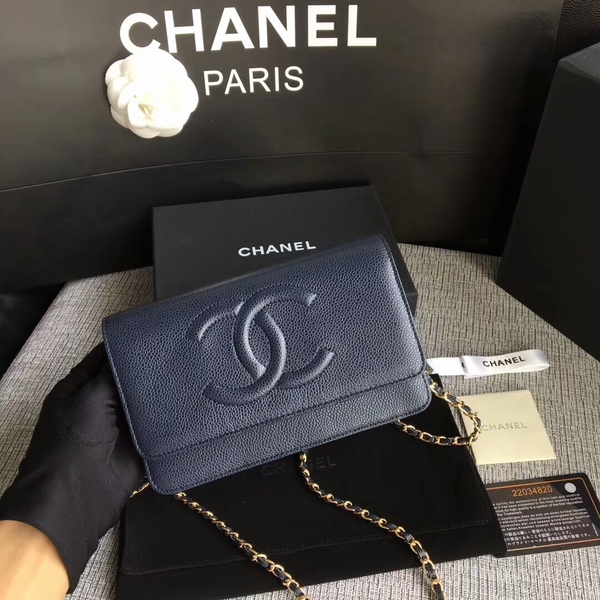 Chanel WOC Original Calfskin Leather Dark Blue Shoulder Bag 33814 Glod Chanel WOC Original Calfskin Leather Dark Blue Shoulder Bag 33814 Glod