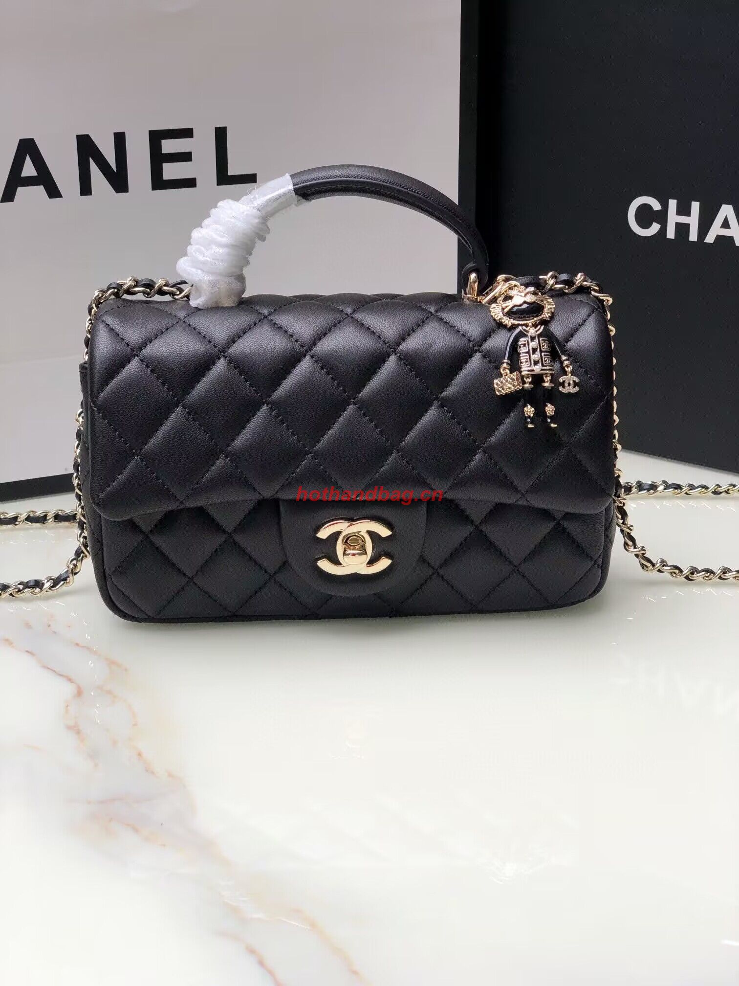 CHANEL mini flap bag with top handle AS2431 Black&Gold-Tone CHANEL mini flap bag with top handle AS2431 Black&Gold-Tone