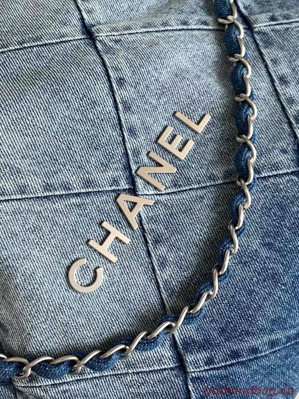CHANEL 22 Shopping Bag Denim & Silver-Tone Metal AS3137 Blue CHANEL 22 Shopping Bag Denim & Silver-Tone Metal AS3137 Blue