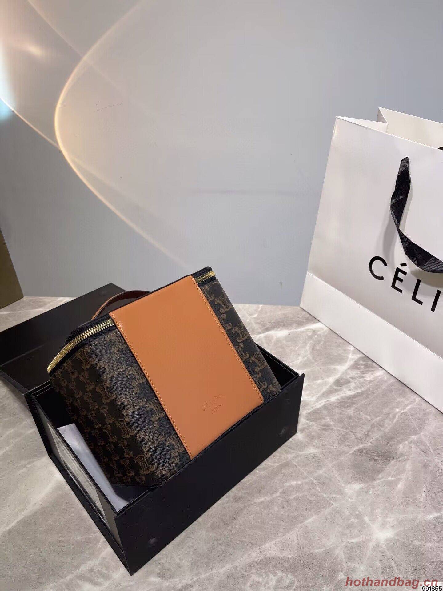 Celine Square Vanity Case In Triomphe Canvas And Calfskin 956437 Tan Celine Square Vanity Case In Triomphe Canvas And Calfskin 956437 Tan