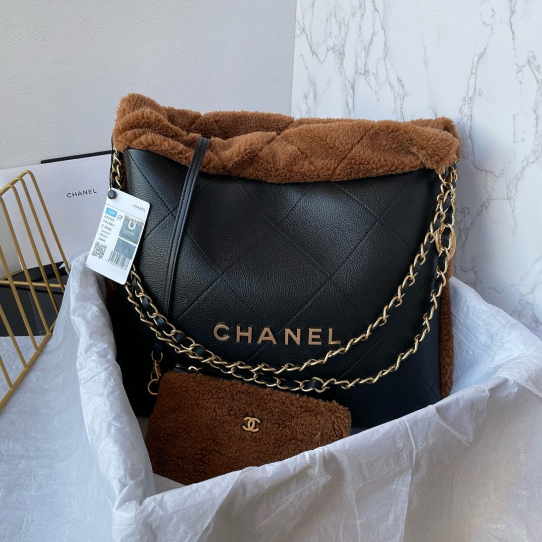 CHANEL 22 HANDBAG Sheepskin & Gold-Tone Metal AS3260 Black&Brown CHANEL 22 HANDBAG Sheepskin & Gold-Tone Metal AS3260 Black&Brown