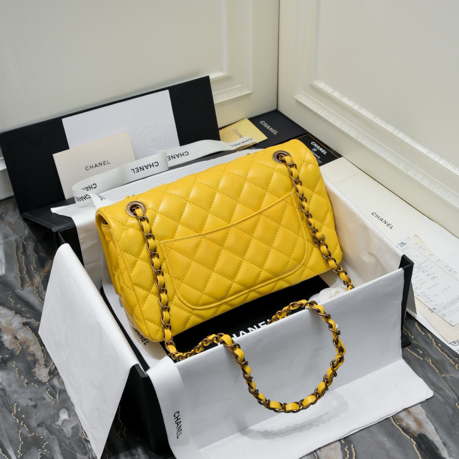 Chanel 2.55 Series Flap Bag Original Sheepskin Leather 92674 Yellow Bronze-Tone Chanel 2.55 Series Flap Bag Original Sheepskin Leather 92674 Yellow Bronze-Tone