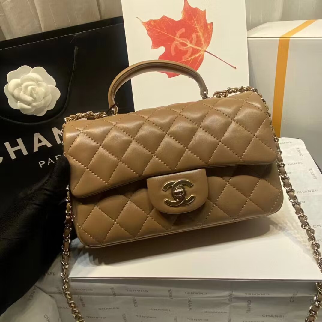 Chanel CF Top Handle mini flap bag Sheepskin Leather AS2431 Brown Chanel CF Top Handle mini flap bag Sheepskin Leather AS2431 Brown