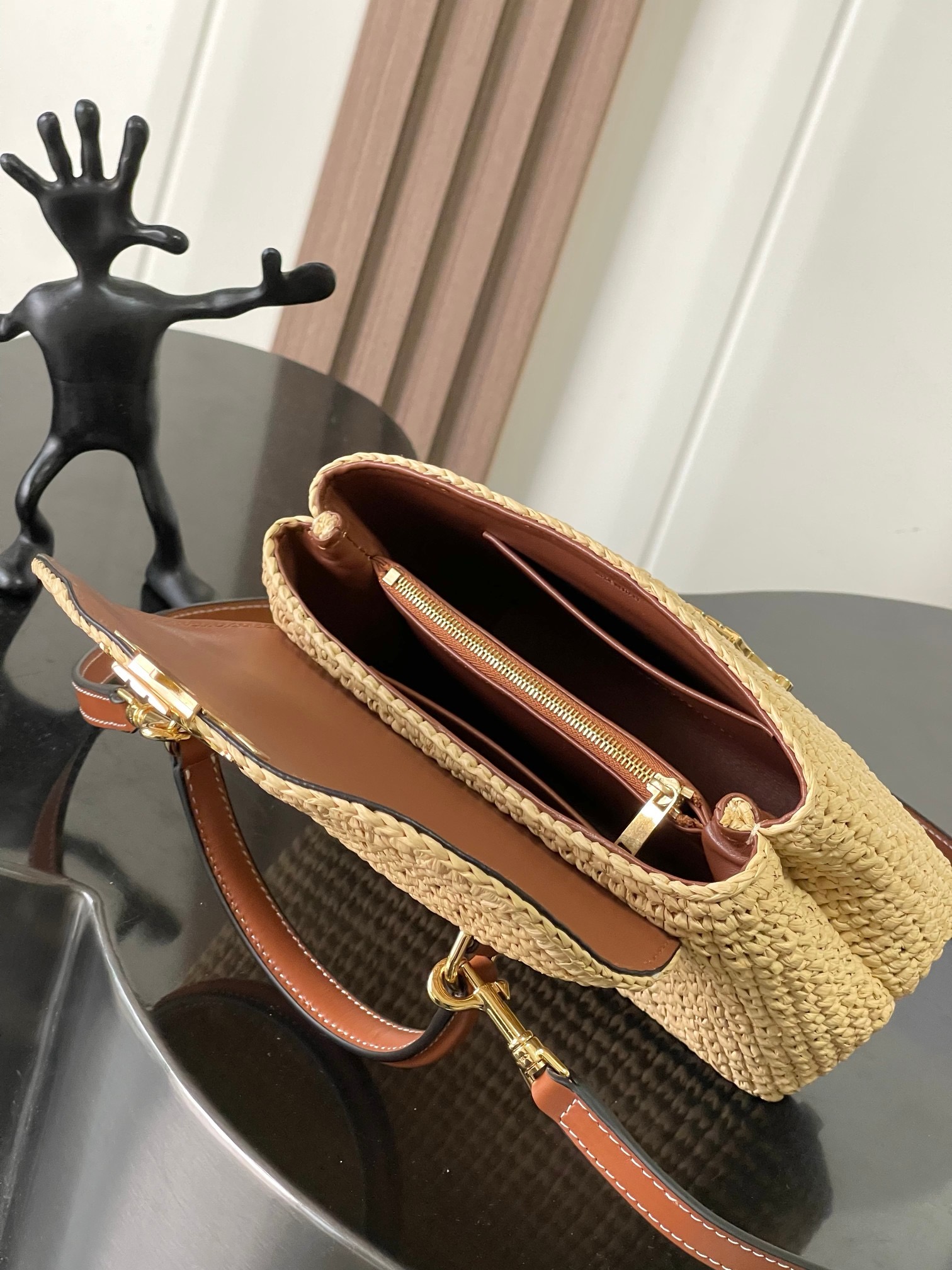 Celine TEEN NINO BAG  IN RAFFIA WITH TRIOMPHE EMBROIDERIES 118113 NATURAL & TAN