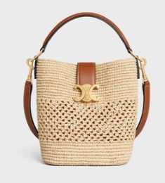 Celine SMALL LOUISE BUCKET IN RAFFIA AND CALFSKIN 119173 NATURAL & TAN