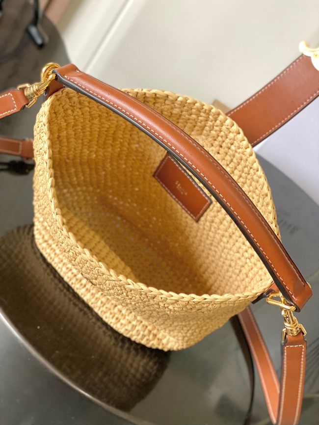 Celine SMALL LOUISE BUCKET IN RAFFIA AND CALFSKIN A119173 NATURAL & TAN
