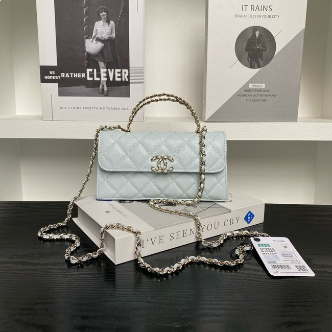 Chanel MINI FLAP BAG CLUTCH WITH CHAIN Gold-Tone Metal AP3238 light blue