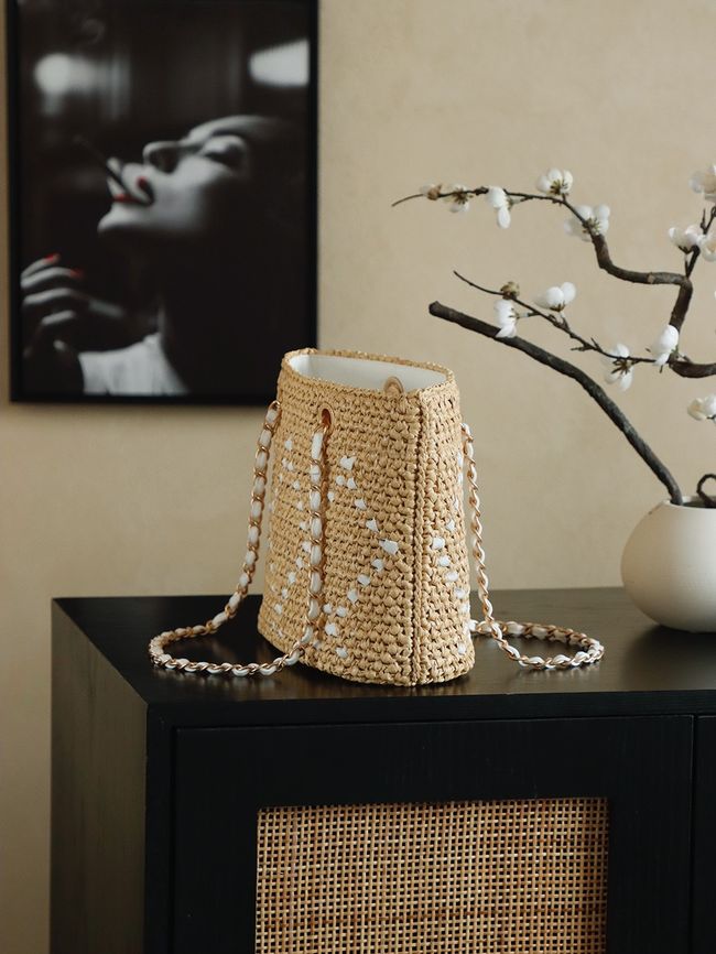 CHANEL Braided Straw Shoulder Bag AS5955 Apricot and white