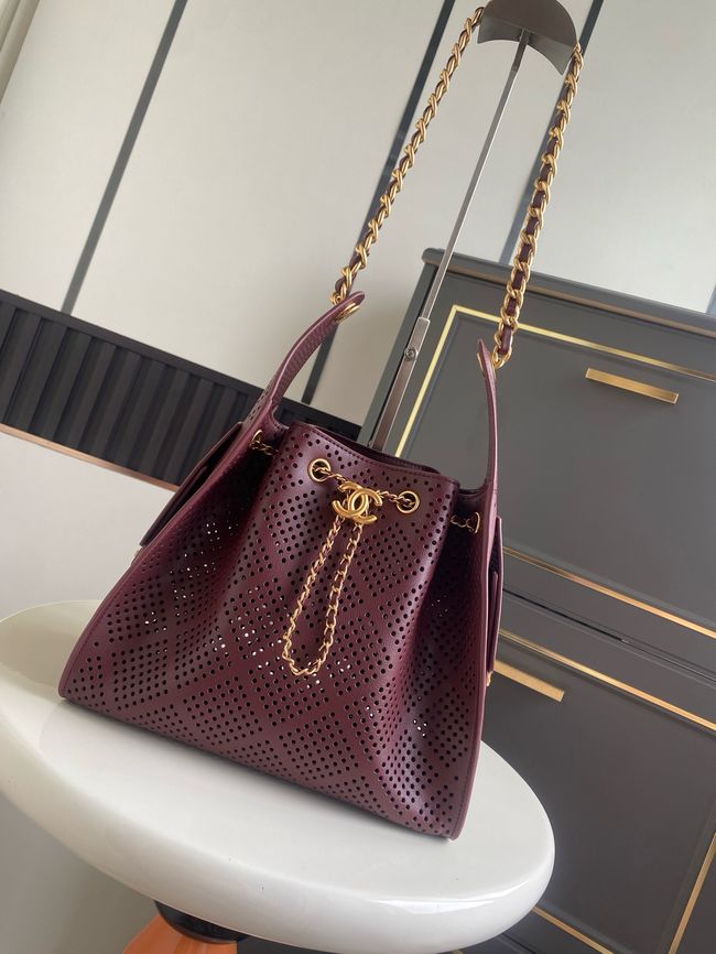 CHANEL 25 Small Handbag Perforated Calfskin AS5293 Burgundy