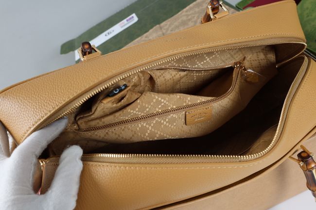 Gucci Large boston bag with bamboo soft suede A006OD dark beige