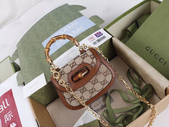 Gucci embroidered small tote bag 735116 brown